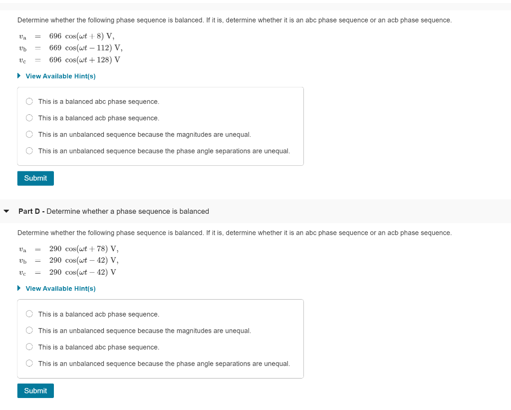 Solved Part A - Determine whether a phase sequence is | Chegg.com