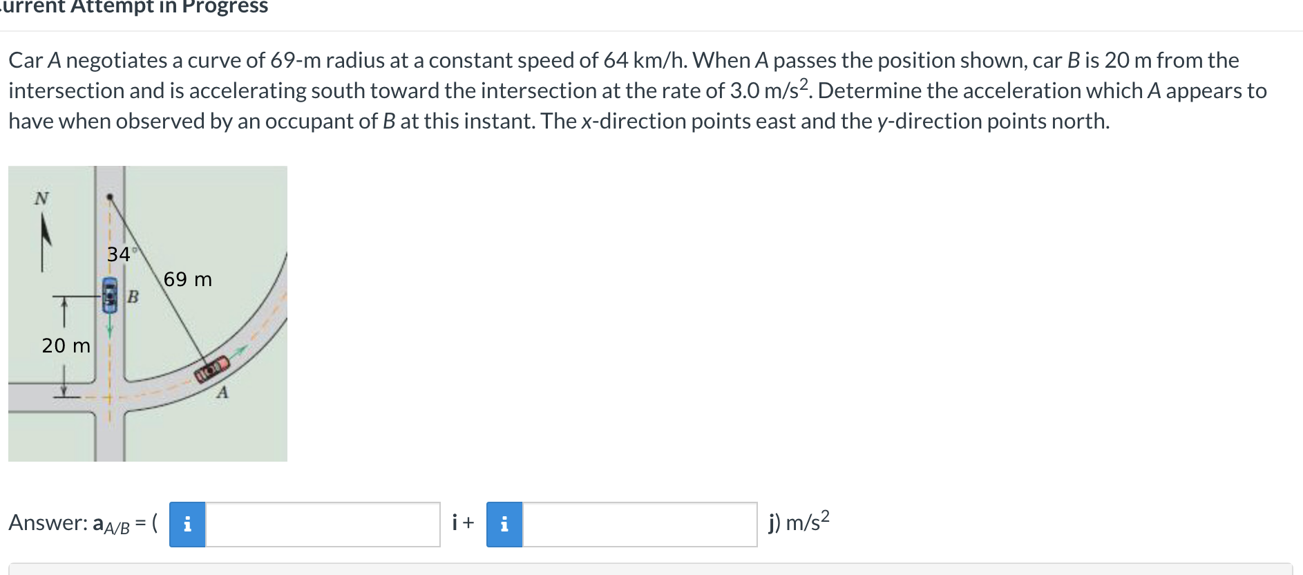 Solved Car A negotiates a curve of 69−m radius at a constant | Chegg.com