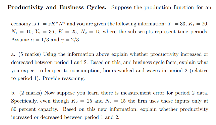 Productivity and Business Cycles. Suppose the | Chegg.com