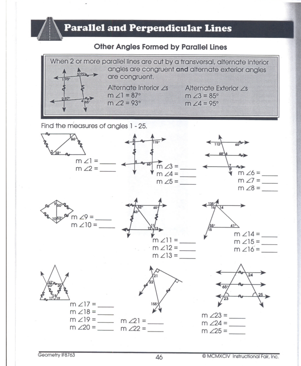 Solved Parallel and Perpendicular Lines Other Angles Formed Inside Angles And Parallel Lines Worksheet