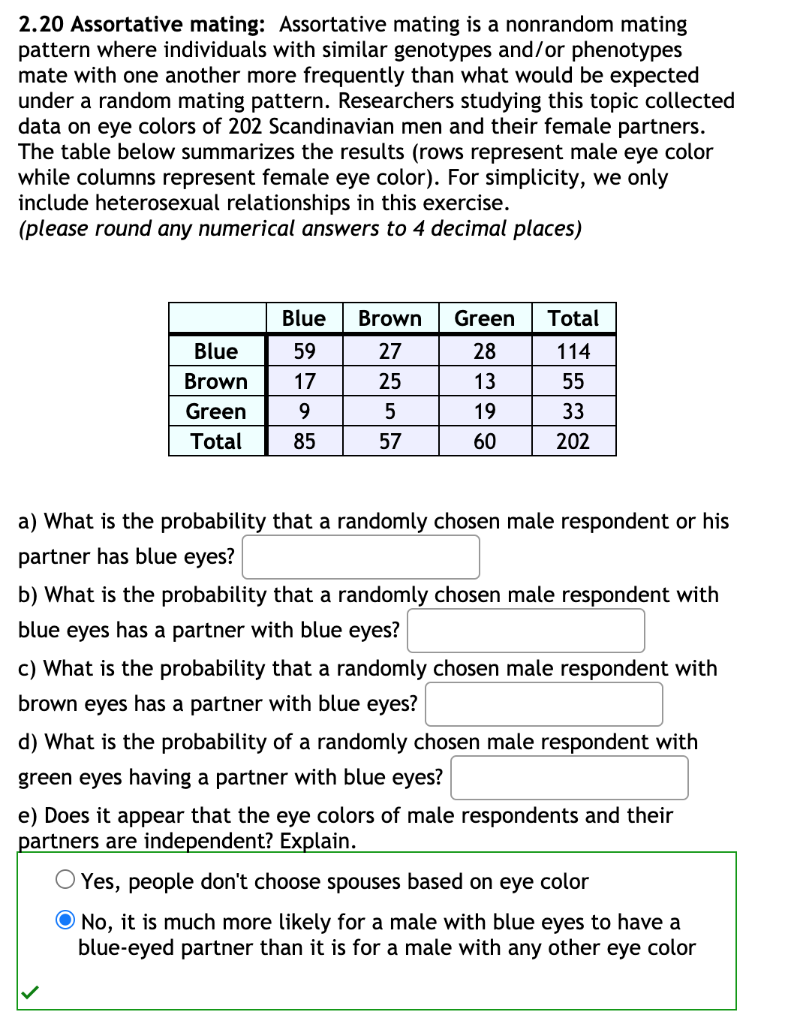 Solved 2.20 Assortative Mating: Assortative Mating Is A | Chegg.com