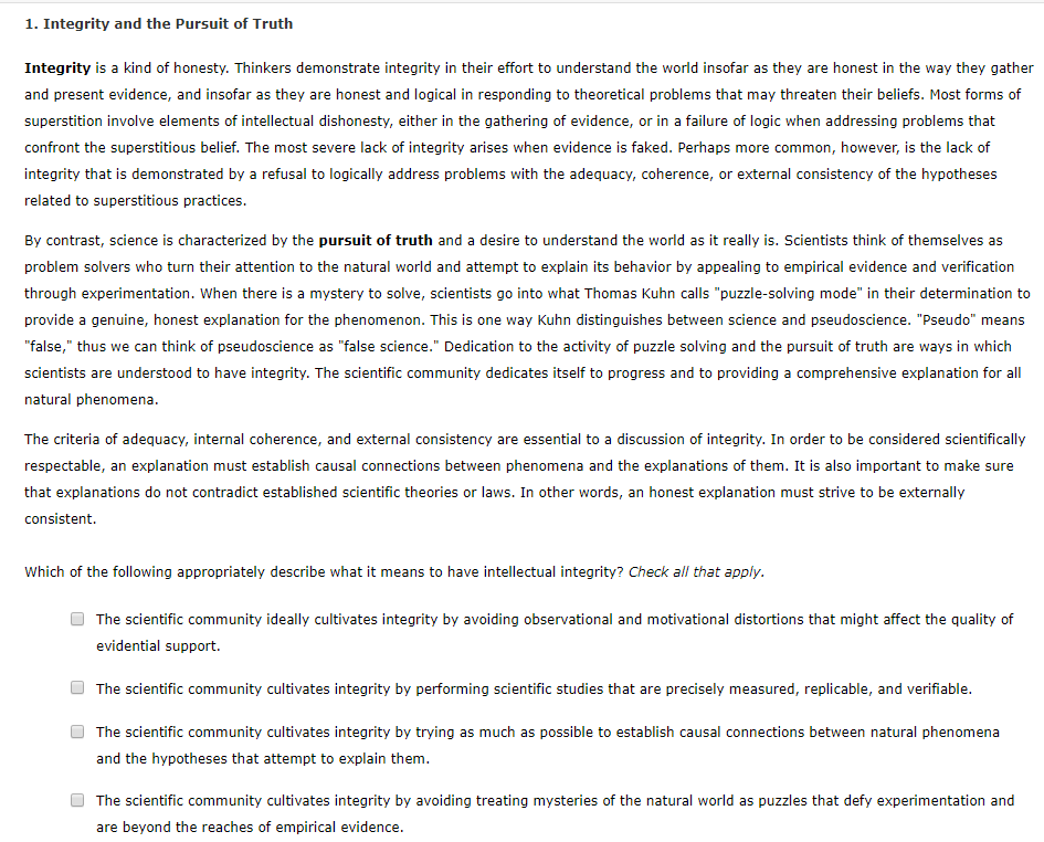 Solved 1. Integrity and the Pursuit of Truth Integrity is a | Chegg.com