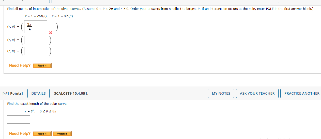 Solved r=1+cos(θ),r=1−sin(θ) (r,θ)=(r)(r,θ)=()(r,θ)=() [−/1 | Chegg.com