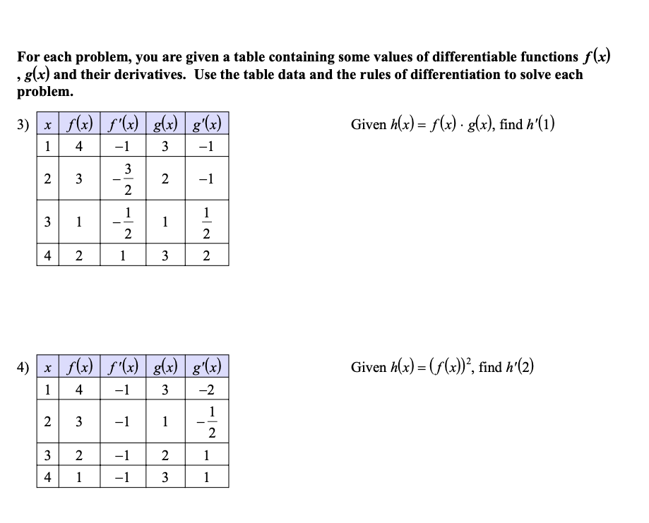 Solved For each problem, you are given a table containing | Chegg.com