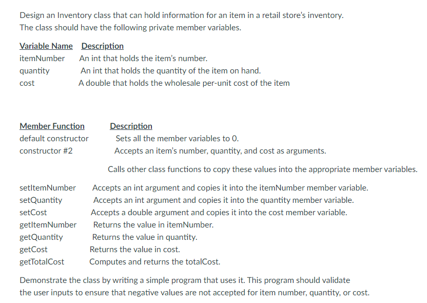 Solved Design an Inventory class that can hold information | Chegg.com