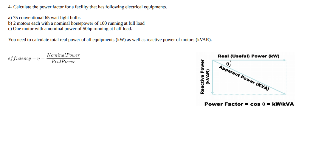 Solved 4- Calculate the power factor for a facility that has | Chegg.com