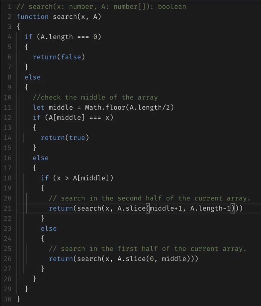 Solved 4 1 // search(x: number, A: number[]): boolean 2 | Chegg.com