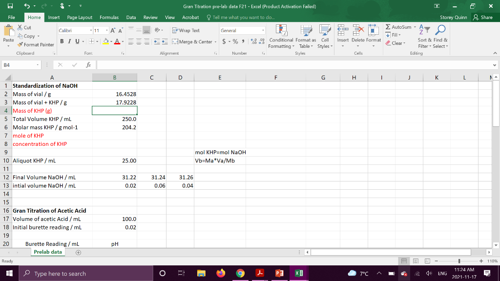 Solved х Gran Titration pre-lab data F21 - Excel (Product | Chegg.com