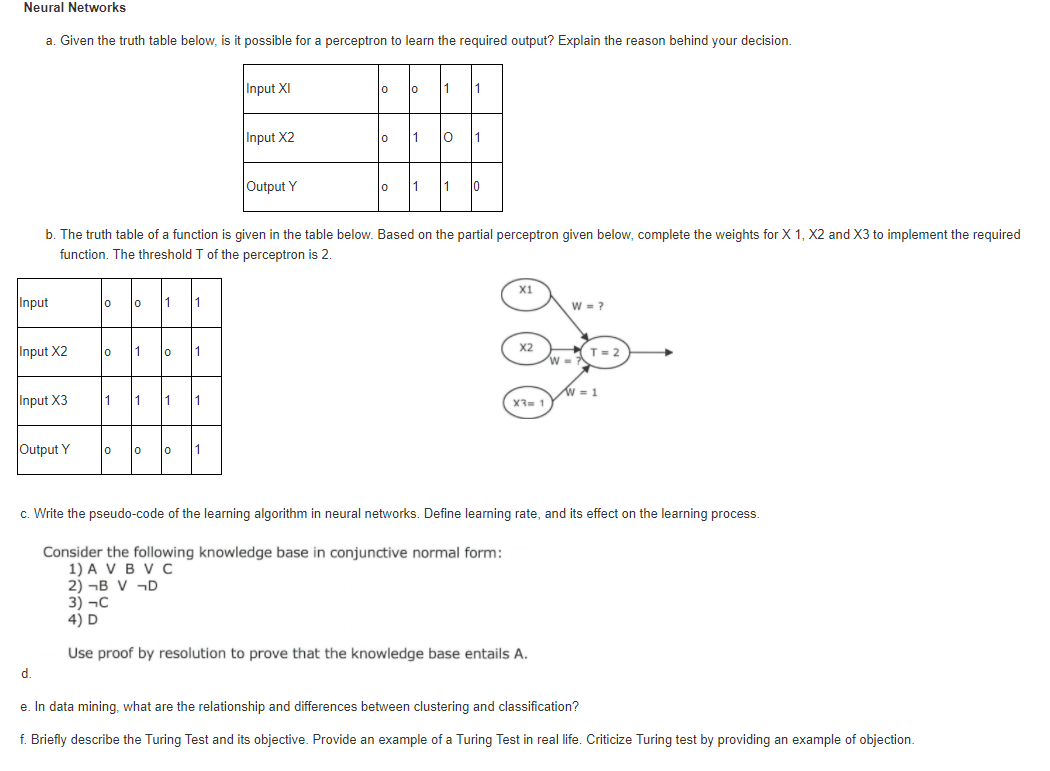 Solved Neural Networks a. Given the truth table below, is it | Chegg.com