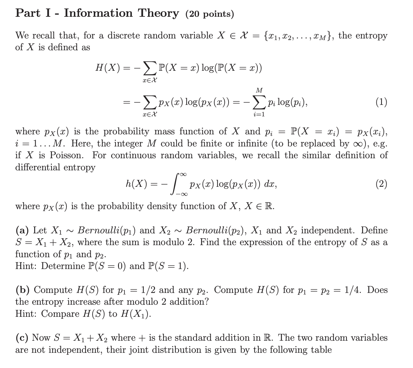 Part I - Information Theory (20 points) We recall | Chegg.com