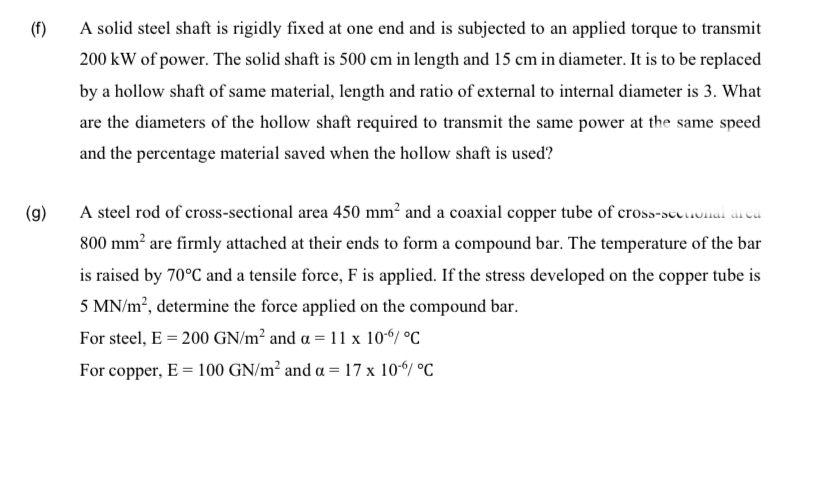 Solved (f) A solid steel shaft is rigidly fixed at one end | Chegg.com