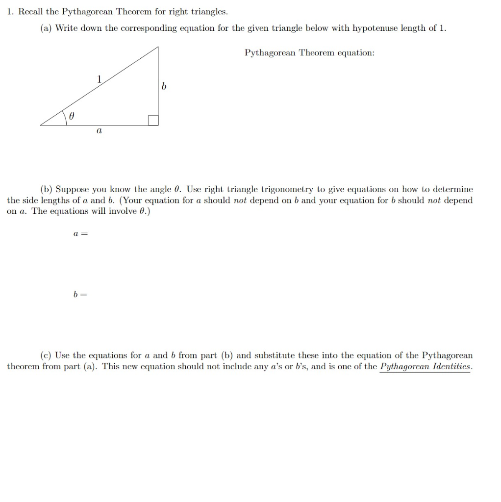 Solved 1. Recall the Pythagorean Theorem for right | Chegg.com