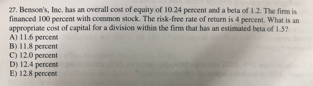 100 Percent Financed >> Solved 27 Benson S Inc Has An Overall Cost Of Equity O 100 Percent Financed >> Solved 27 Benson S Inc Has An Overall Cost Of Equity O