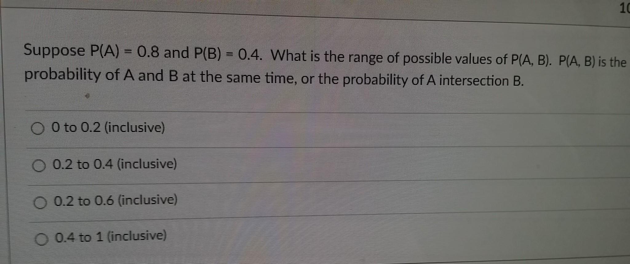 Solved 10 1 Suppose P(A) = 0.8 And P(B) = 0.4. What Is The | Chegg.com