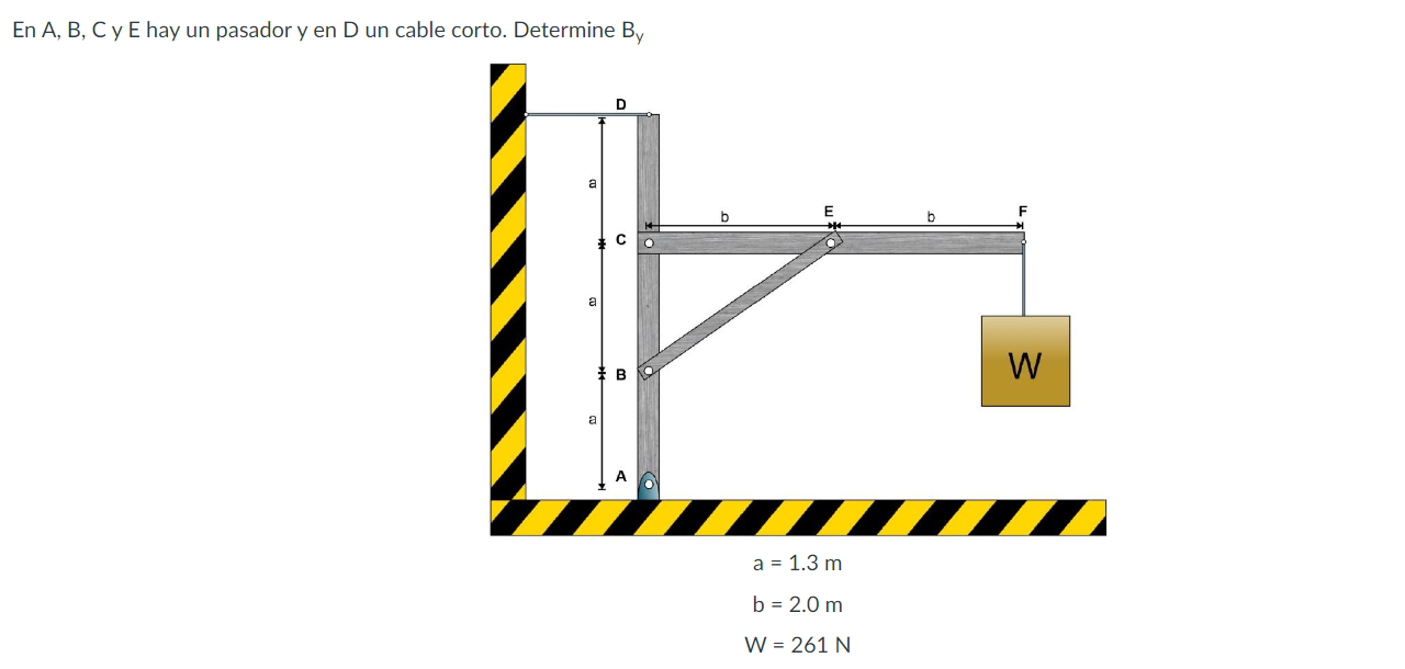 En A, B, C y E hay un pasador y en D un cable corto. Determine \( B_{y} \) \[ \begin{aligned} -1-1.3 \mathrm{~m} \\ \mathrm{~