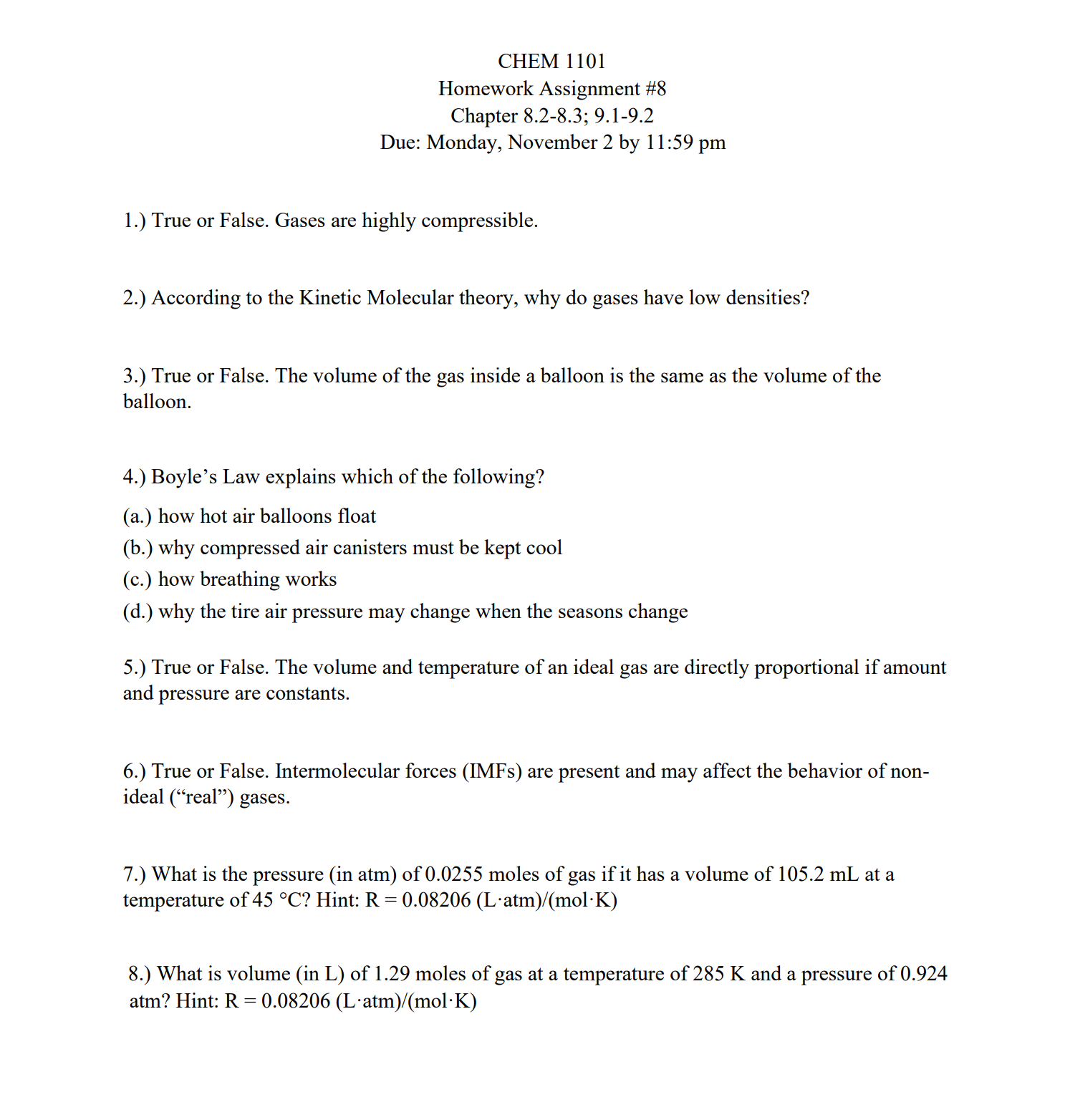 Solved CHEM 1101 Homework Assignment #8 Chapter 8.2-8.3; | Chegg.com