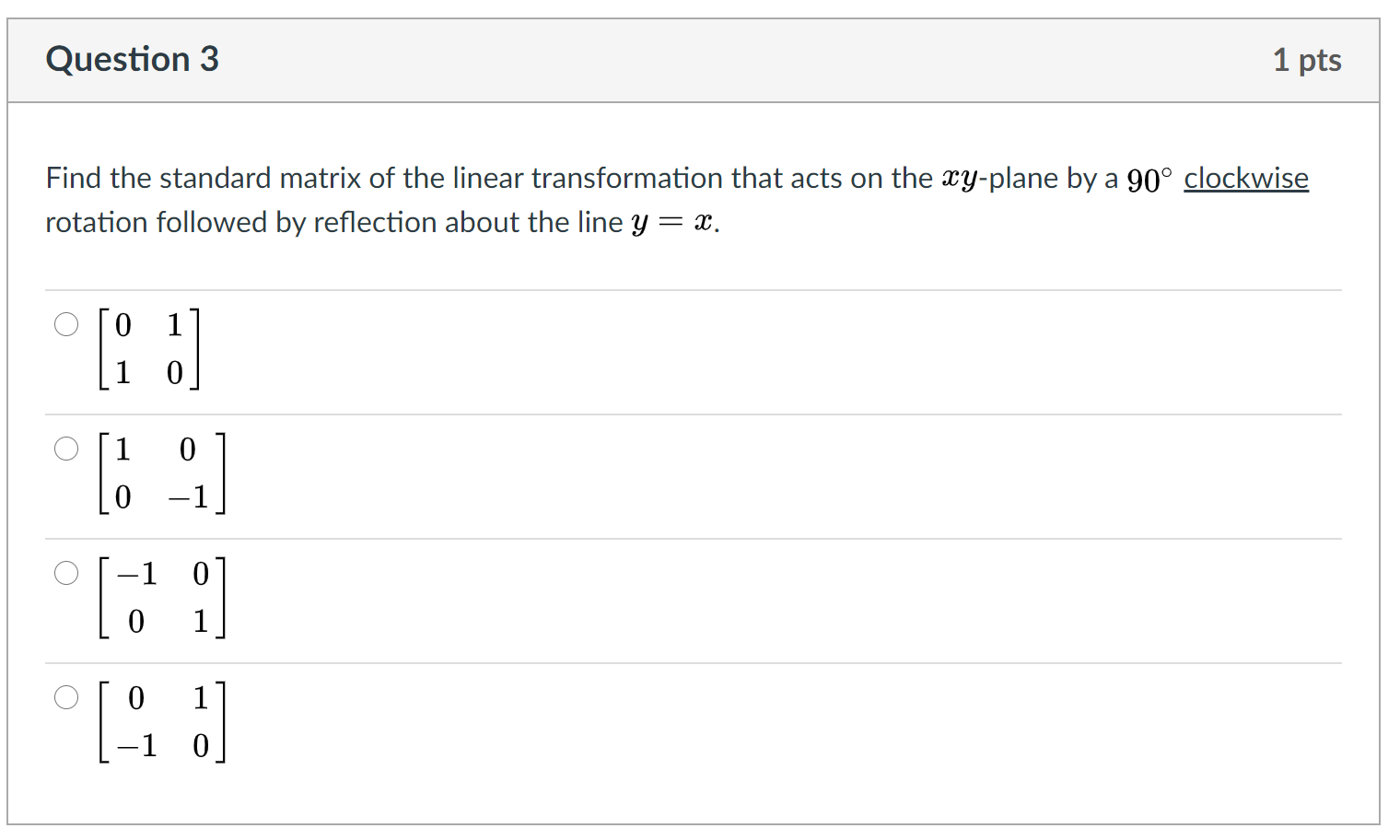 Solved Question 1 1 pts Which of the following is the | Chegg.com
