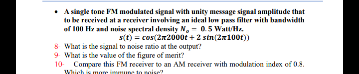 Solved A single tone FM modulated signal with unity message | Chegg.com