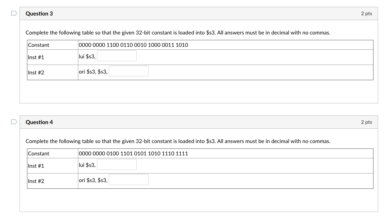 Solved Question 3 2 pts Complete the following table so that | Chegg.com