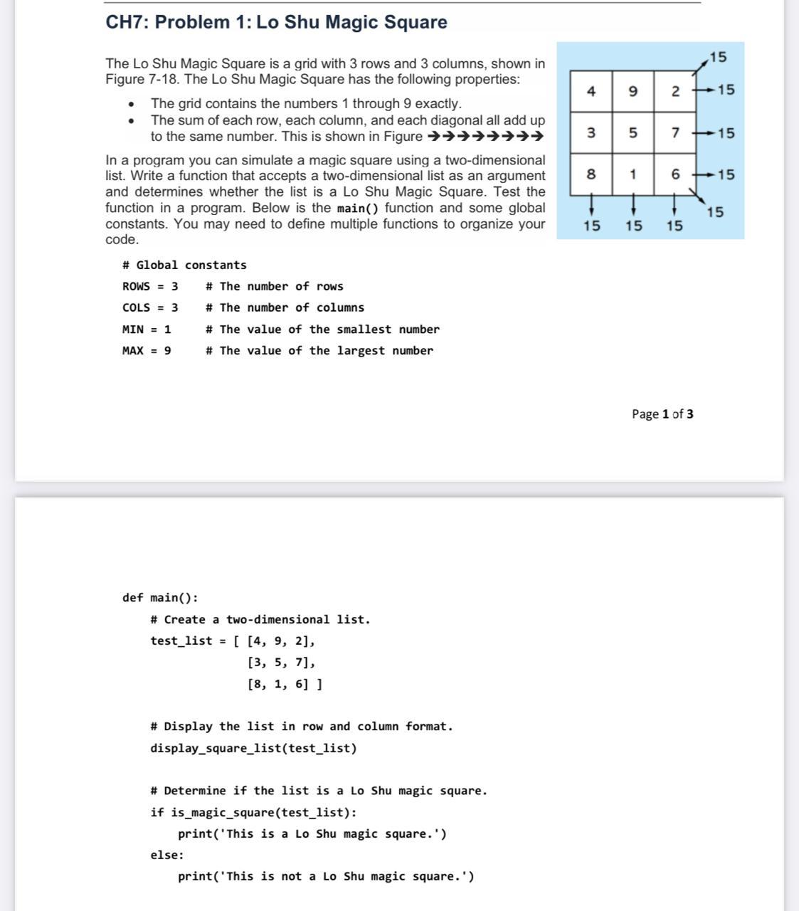 Solved CH7: Problem 1: Lo Shu Magic Square 15 4 9 2 15 3 5 | Chegg.com