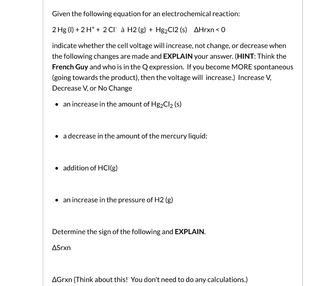 Solved Given The Following Equation For An Electrochemica Chegg Com