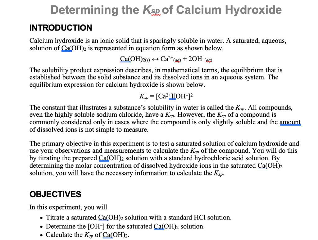 Solved Determining The Ksp Of Calcium Hydroxide Introduct Chegg Com