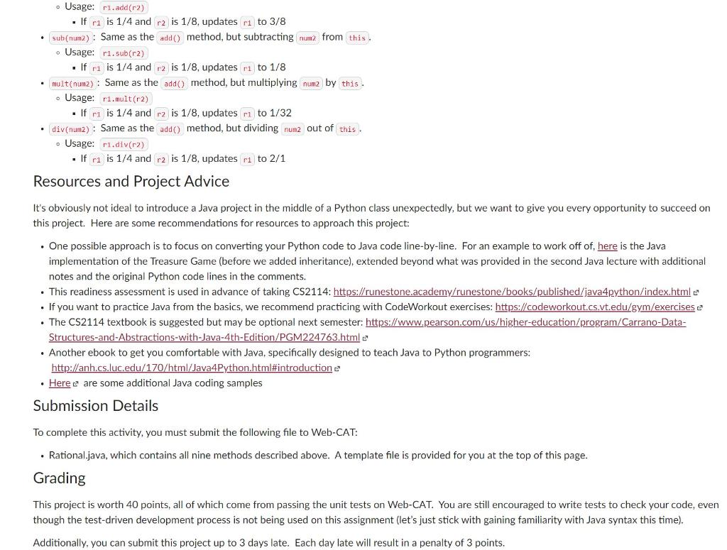 Project 8: Java Rationals Due Monday by 11:59pm | Chegg.com