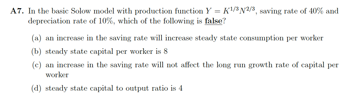 Solved 2 A7. In the basic Solow model with production | Chegg.com