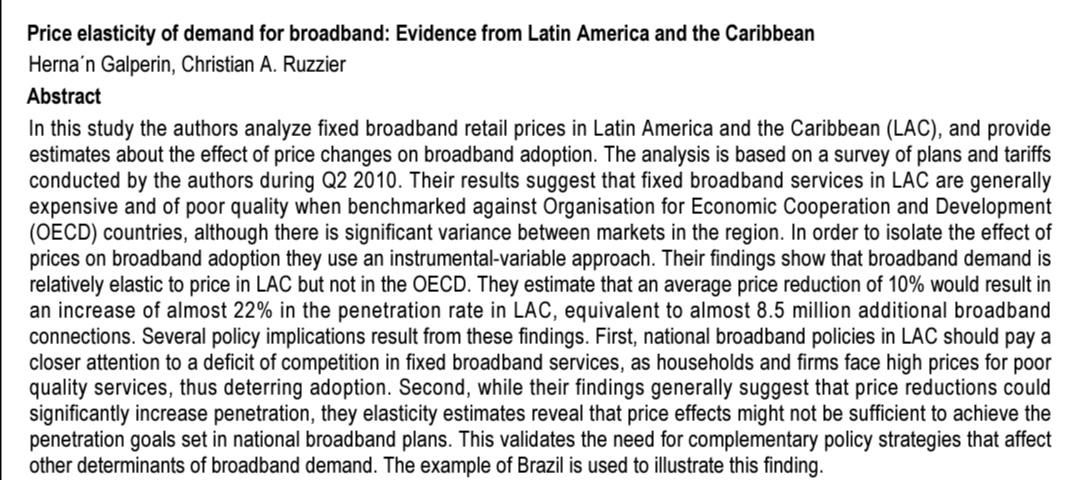 Price elasticity of demand for broadband: Evidence from Latin America and the Caribbean Hernan Galperin, Christian A. Ruzzie