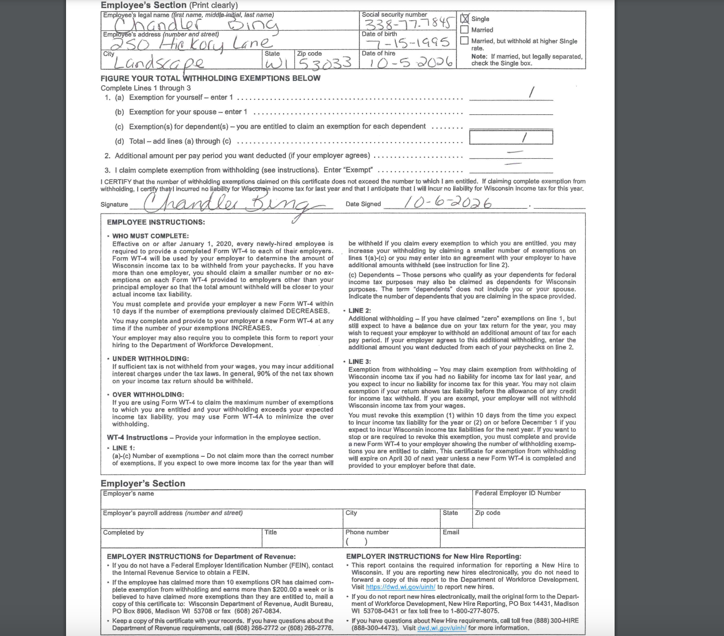 Is the WT4 (Wisconsin W4) completed correctly? Yes