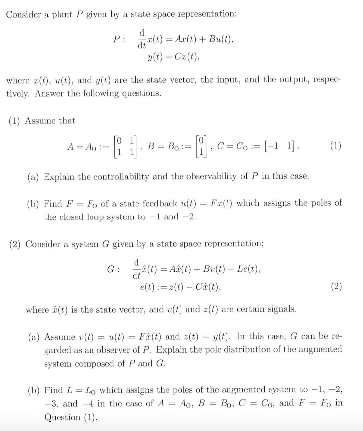 Solved Consider a plant P given by a state space | Chegg.com
