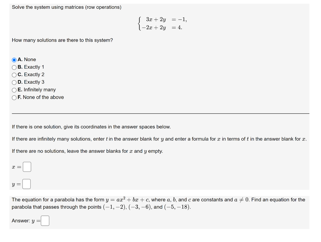 Solved Solve the system using matrices row operations Chegg