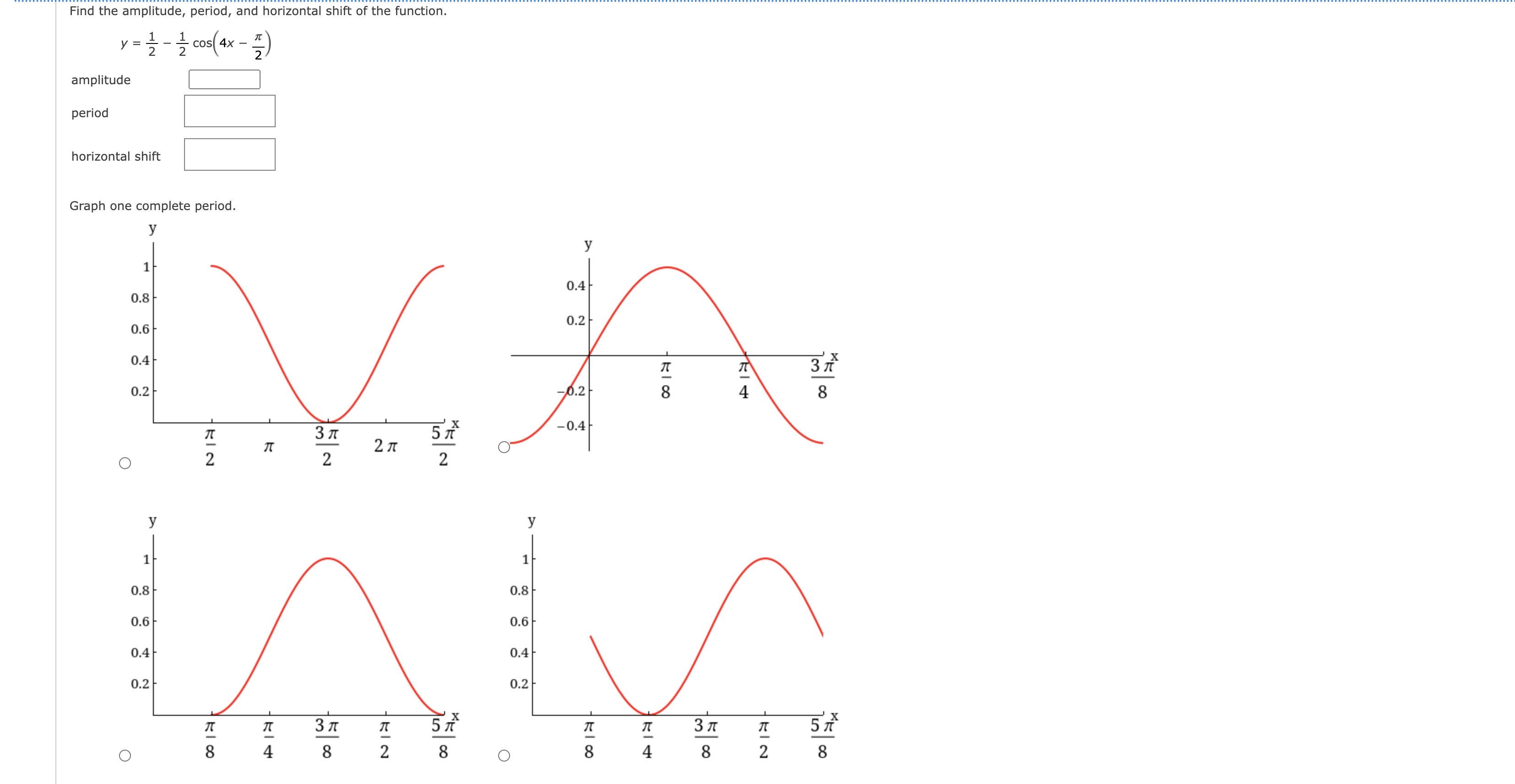 Solved y=21−21cos(4x−2π) amplitude period horizontal shift | Chegg.com