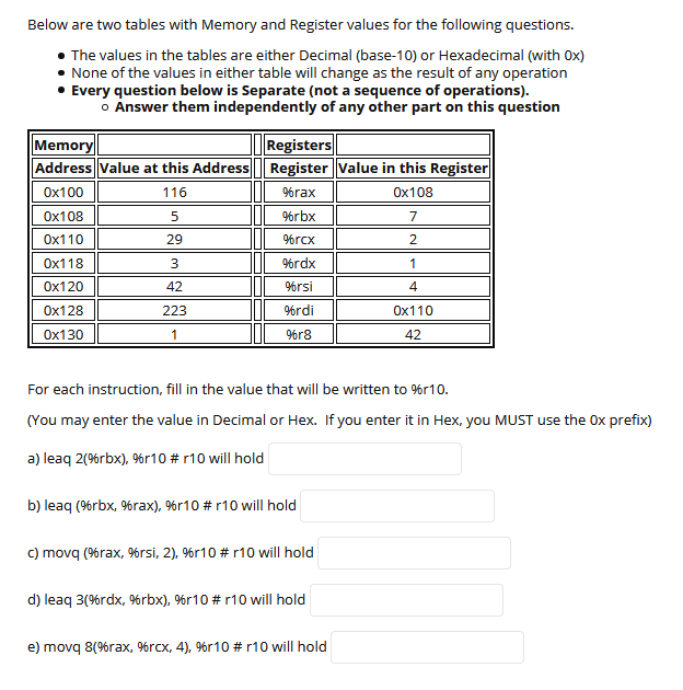 Solved Below Are Two Tables With Memory And Register Values Chegg Com