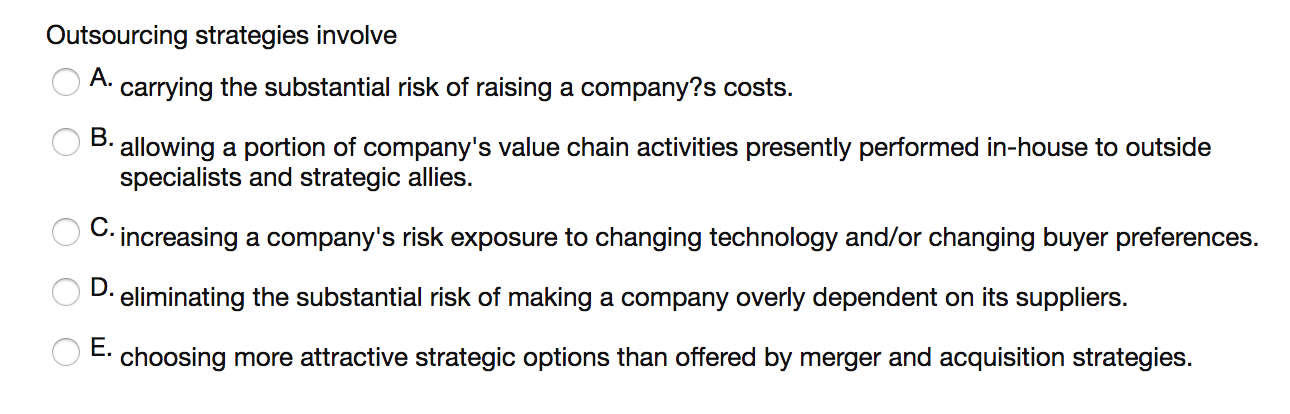 Solved Outsourcing Strategies Involve O A. Carrying The | Chegg.com