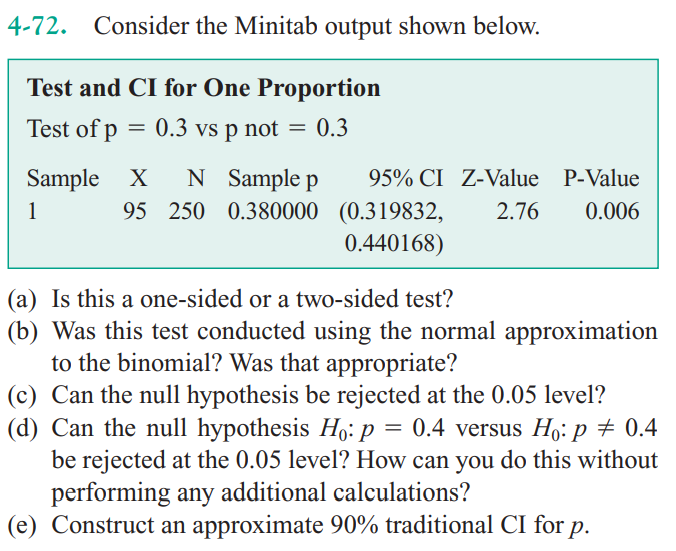 Solved 4-72. Consider the Minitab output shown below. Test