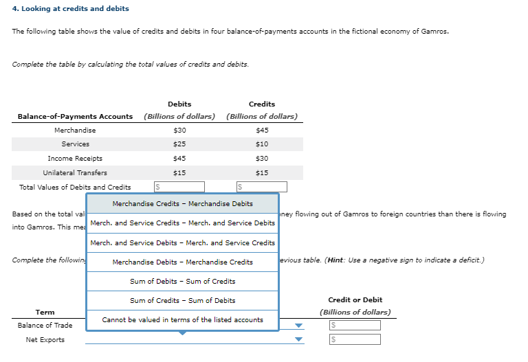 Solved 4. Looking at credits and debits The following table | Chegg.com