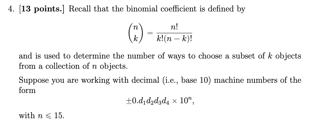 Solved 4. [13 points.] Recall that the binomial coefficient | Chegg.com