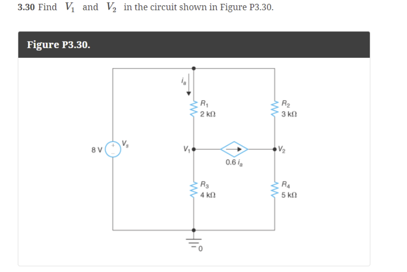 Solved 3.30 ﻿Find V1 ﻿and V2 ﻿in the circuit shown in Figure | Chegg.com