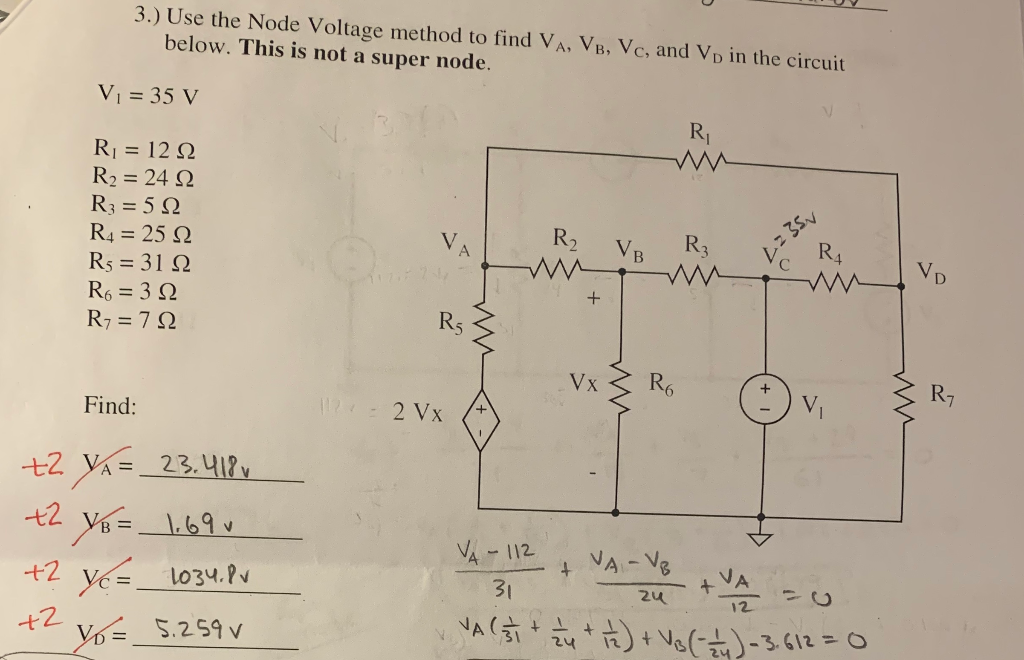 Solved 3.) Use the Node Voltage method to find VA, VB, Vc,