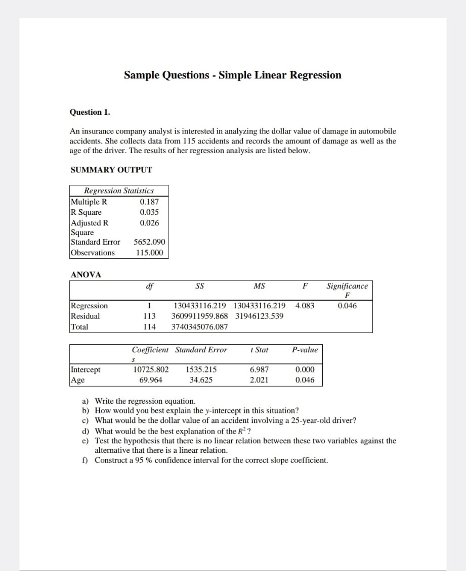 Solved Sample Questions - Simple Linear Regression Question | Chegg.com