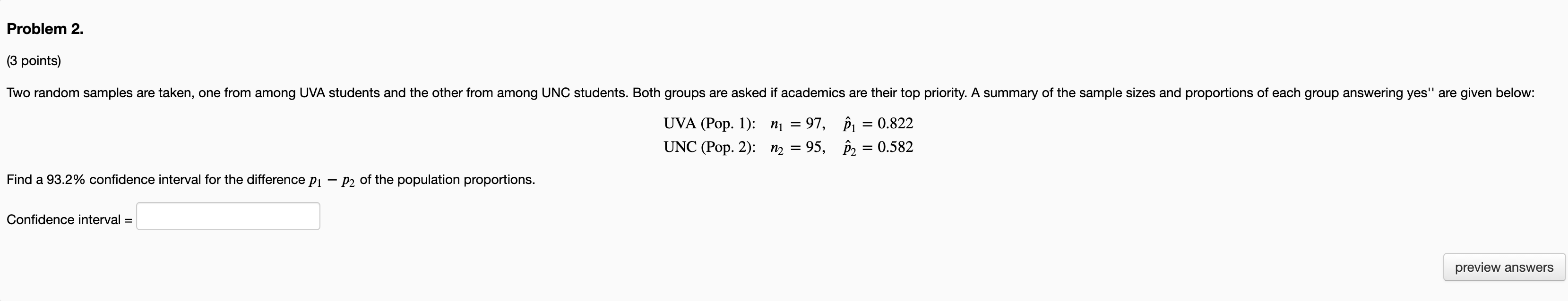 Solved Problem 2. (3 points) Two random samples are taken, | Chegg.com