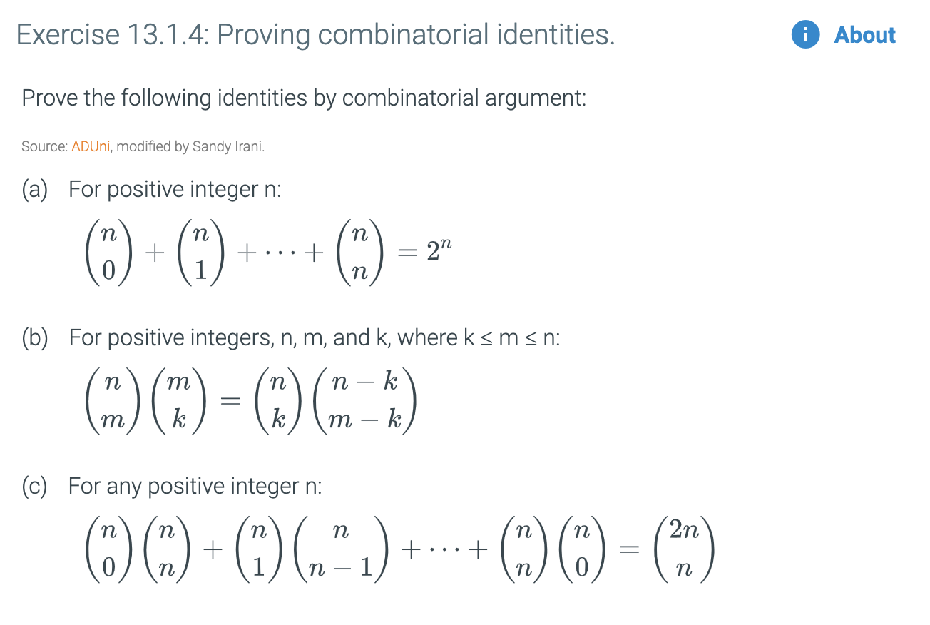 Solved Exercise 13.1.4: Proving Combinatorial Identities. © | Chegg.com