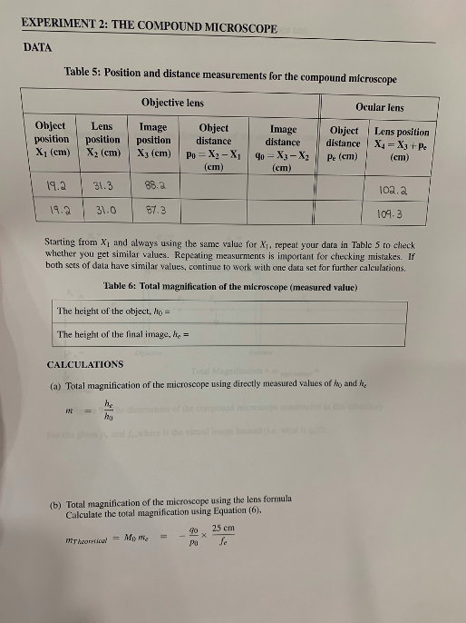 Solved EXPERIMENT 2: THE COMPOUND MICROSCOPE DATA Table 5: | Chegg.com