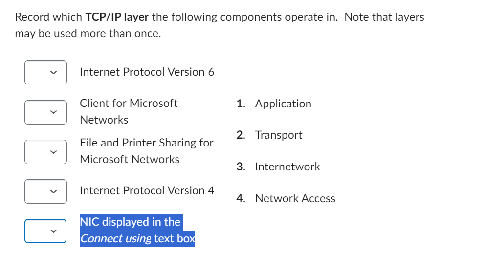 Solved Record which TCP/IP layer the following components | Chegg.com