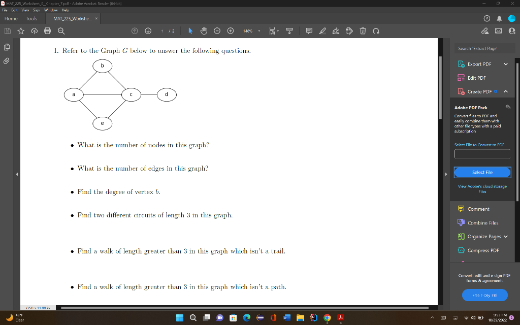 Solved 1. Refer to the Graph G below to answer the following | Chegg.com