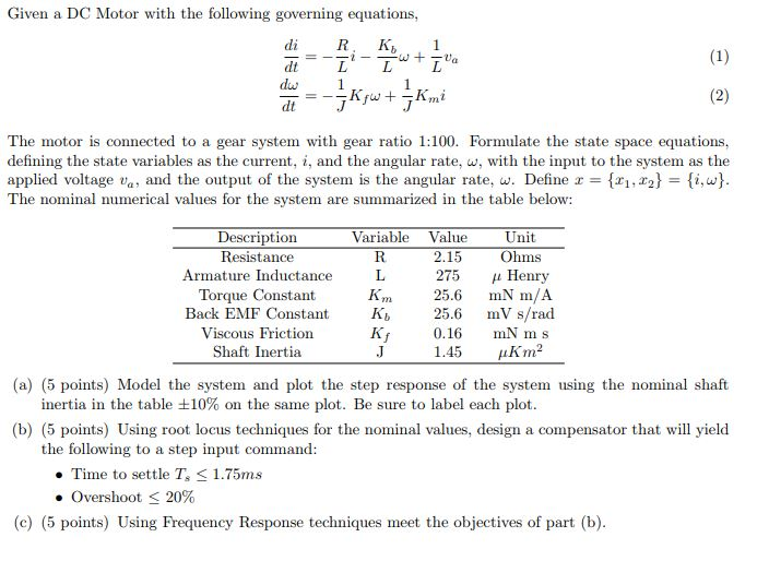 Solved Given a DC Motor with the following governing | Chegg.com