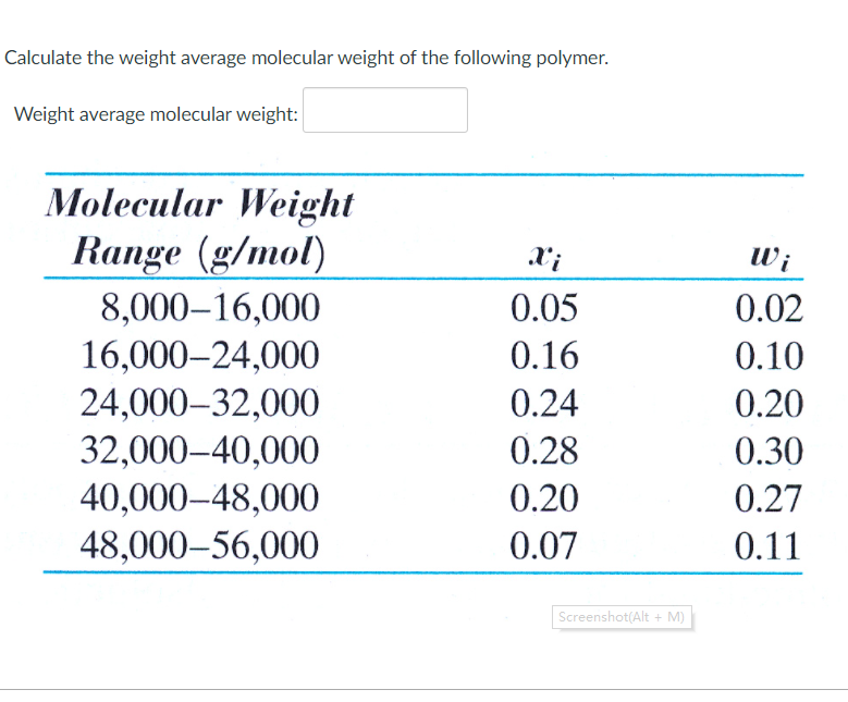 Solved Calculate the weight average molecular weight of the