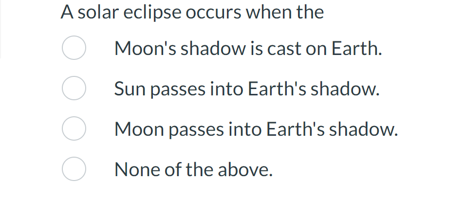 Solved A solar eclipse occurs when the Moon's shadow is cast | Chegg.com