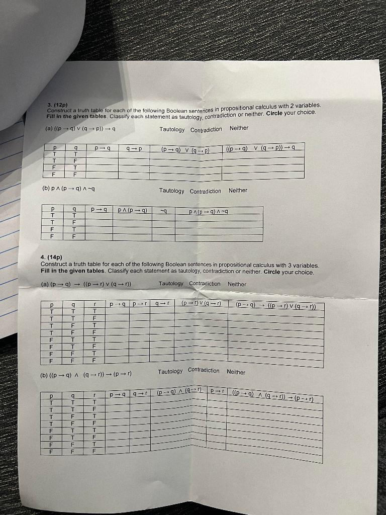 Solved 3. (12p) Construct A Truth Table For Each Of The | Chegg.com